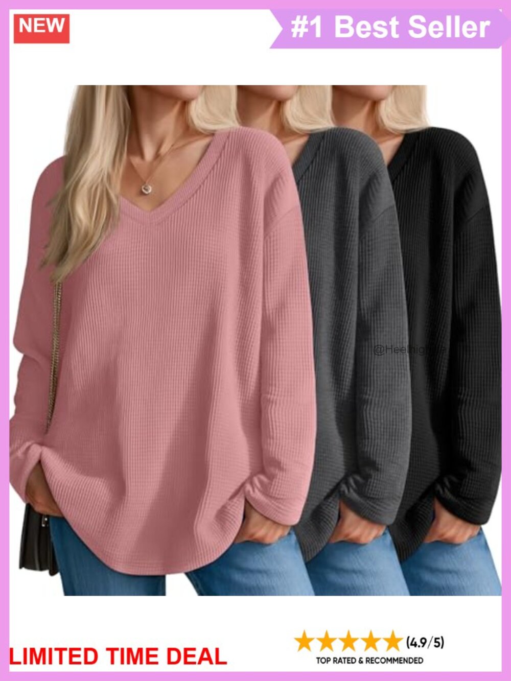 Waffle Knit V Neck Long Sleeve Oversized 3 Pack Women's Shirts